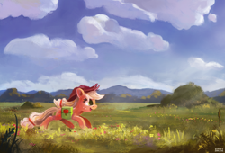 Size: 2000x1359 | Tagged: safe, artist:ajvl, imported from derpibooru, applejack, earth pony, pony, female, field, mare, running, saddle bag, scenery, smiling, solo