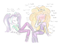 Size: 1049x795 | Tagged: safe, artist:jankrys00, imported from derpibooru, adagio dazzle, aria blaze, equestria girls, adaria, blushing, dialogue, duo, female, lesbian, shipping