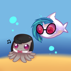 Size: 800x800 | Tagged: safe, artist:pekou, imported from derpibooru, dj pon-3, octavia melody, vinyl scratch, monster pony, octopony, octopus, original species, shark, shark pony, ask my little chubbies, ask, chubbie, cute, duo, duo female, female, mare, octaviapus, sharkified, species swap, tavibetes, tumblr, underwater, vinyl shark, vinylbetes