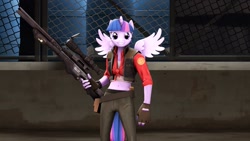 Size: 1191x670 | Tagged: safe, artist:mitothebest96, imported from derpibooru, twilight sparkle, alicorn, anthro, 3d, belly button, crossover, female, front knot midriff, gun, horn, midriff, optical sight, parody, rifle, smiling, sniper, sniper rifle, solo, source filmmaker, spread wings, team fortress 2, teeth, twilight sparkle (alicorn), weapon, wings