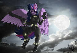 Size: 3000x2066 | Tagged: safe, artist:magical disaster, imported from derpibooru, twilight sparkle, anthro, bodysuit, breasts, clothes, cosplay, costume, female, gantz, gun, looking at you, night, overall, pinup, twilight sparkle (alicorn)