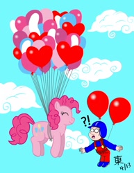 Size: 850x1100 | Tagged: safe, artist:jazzytyfighter, imported from derpibooru, pinkie pie, balloon, balloon fight, balloon fighter, color, floating, flying, sky, then watch her balloons lift her up to the sky