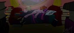 Size: 2200x1000 | Tagged: safe, artist:readtoasts, imported from derpibooru, twilight sparkle, bed, book, female, sleeping, solo