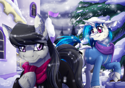 Size: 900x635 | Tagged: safe, artist:inuhoshi-to-darkpen, imported from derpibooru, dj pon-3, octavia melody, vinyl scratch, clothes, ear fluff, female, floppy ears, fluffy, frown, grin, jacket, lesbian, raised hoof, scarf, scratchtavia, shipping, smiling, snow, snowfall, unshorn fetlocks, winter