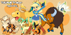 Size: 800x400 | Tagged: safe, artist:lightdegel, imported from derpibooru, applejack, arcanine, celebi, dragonite, leafeon, tauros, tepig, equestria girls, pokémon