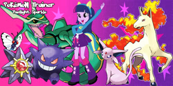 Size: 800x400 | Tagged: safe, artist:lightdegel, imported from derpibooru, twilight sparkle, butterfree, espeon, gengar, rapidash, rayquaza, starmie, equestria girls, crossover, pokémon