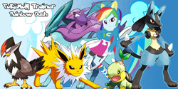 Size: 800x400 | Tagged: safe, artist:lightdegel, imported from derpibooru, rainbow dash, crobat, jolteon, lucario, staraptor, suicune, turtwig, equestria girls, pokémon