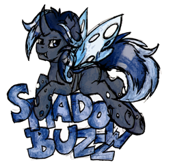 Size: 1081x1054 | Tagged: safe, artist:iroxykun, imported from derpibooru, oc, oc only, oc:shadow buzz, changeling, badge, blue changeling, con badge, horn, male, stallion, wings