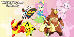 Size: 800x400 | Tagged: safe, artist:lightdegel, imported from derpibooru, fluttershy, beautifly, flareon, lopunny, mew, pichu, ursaring, equestria girls, pikachu-colored pichu, pokémon, pokémon team