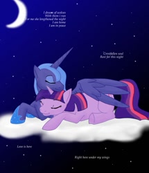 Size: 830x963 | Tagged: safe, artist:kourabiedes, imported from derpibooru, princess luna, twilight sparkle, cloud, eyes closed, female, hug, lesbian, moon, night, s1 luna, shipping, stars, twiluna, winghug