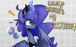 Size: 1500x931 | Tagged: safe, artist:jankrys00, imported from derpibooru, princess luna, alicorn, pony, lunadoodle, cookie, dialogue, eating, exclamation point, female, food, levitation, magic, solo