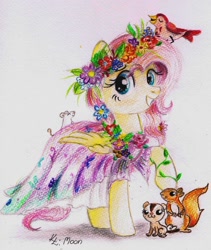 Size: 1024x1211 | Tagged: safe, artist:lailyren, artist:moonlight-ki, imported from derpibooru, fluttershy, bird, mouse, pegasus, pony, squirrel, animal, clothes, color porn, dress, female, floral head wreath, floral necklace, flower, flower necklace, folded wings, looking at you, mare, raised hoof, smiling, solo, traditional art, wings