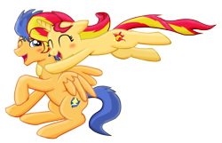 Size: 1383x892 | Tagged: safe, artist:majkashinoda626, imported from derpibooru, flash sentry, sunset shimmer, pegasus, pony, unicorn, blushing, eyes closed, female, flashimmer, glomp, hug, male, mare, open mouth, pounce, raised hoof, shipping, sitting, smiling, stallion, straight