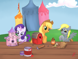 Size: 1024x768 | Tagged: safe, artist:snip-veritas, imported from derpibooru, applejack, derpy hooves, rarity, pegasus, pony, bird house, female, glue, hammer, magic, mare, nail, paint, tent