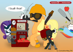 Size: 870x615 | Tagged: safe, artist:gonzahermeg, imported from derpibooru, applejack, rainbow dash, rarity, apple, baseball bat, crossover, goggles, helmet, mouth hold, team fortress 2, weapon