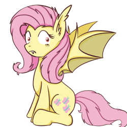 Size: 700x700 | Tagged: safe, artist:mmarceline, imported from derpibooru, fluttershy, fangs, female, flutterbat, simple background, sitting, solo, spread wings