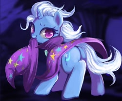 Size: 614x508 | Tagged: dead source, safe, artist:semi-kon, artist:susu, imported from derpibooru, trixie, pony, unicorn, butt, cute, diatrixes, female, lidded eyes, looking at you, looking back, mare, messy mane, mouth hold, nom, plot, smiling, solo, trixie's cape, trixie's hat, windswept mane