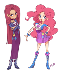 Size: 600x720 | Tagged: safe, artist:bartolomeus_, artist:kairean, imported from derpibooru, pinkie pie, human, equestria girls, angry, clothes, crossed arms, dress, duality, happy, humanized, looking at you, pinkamena diane pie, pouting, unamused