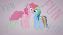 Size: 1473x821 | Tagged: safe, artist:allyster-black, imported from derpibooru, pinkie pie, rainbow dash, boop, eye contact, fun, nose wrinkle, noseboop, smiling