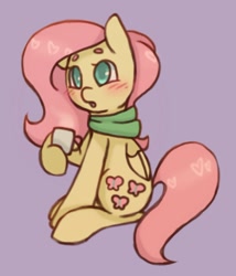 Size: 850x991 | Tagged: dead source, safe, artist:fewderpewders, imported from derpibooru, fluttershy, pegasus, pony, clothes, cup, dexterous hooves, female, heart, hoof hold, mare, mug, purple background, scarf, simple background, sitting, solo