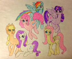 Size: 575x471 | Tagged: safe, artist:ameliacostanza, imported from derpibooru, applejack, fluttershy, pinkie pie, rainbow dash, rarity, twilight sparkle, alicorn, pony, female, mane six, mare, traditional art, twilight sparkle (alicorn)