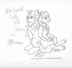 Size: 2625x2496 | Tagged: safe, artist:littlewolfstudios, imported from derpibooru, oc, oc only, oc:kirawolf, wolf, blushing, commission, design, digital art, female, furry, monochrome, non-mlp oc, patreon, sitting, smiling, support