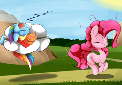 Size: 3000x2100 | Tagged: safe, artist:madacon, imported from derpibooru, pinkie pie, rainbow dash, cloud, singing, sleeping