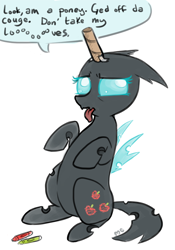 Size: 594x850 | Tagged: safe, artist:mcponyponypony, imported from derpibooru, oc, oc only, oc:danganya, changeling, changeling oc, crayon, cute, cuteling, cutie mark, fake cutie mark, fake horn, seems legit, solo, tape, toilet paper roll, tongue out