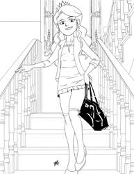 Size: 1000x1294 | Tagged: safe, artist:mono-phos, imported from derpibooru, diamond tiara, human, bag, cardigan, clothes, dress, female, handbag, humanized, jacket, lineart, monochrome, necklace, shoes, socks, solo, staircase, thigh highs