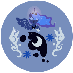 Size: 804x804 | Tagged: safe, artist:arylett-charnoa, imported from derpibooru, princess luna, alicorn, button, cutie mark, eyes closed, eyeshadow, female, glowing, glowing horn, horn, makeup, mare, simple background, solo, wings