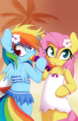 Size: 3338x5138 | Tagged: safe, artist:grumblepluck, imported from derpibooru, fluttershy, rainbow dash, pegasus, pony, semi-anthro, absurd resolution, attached skirt, beach, bikini, clothes, cute, dress, female, flower, flower in hair, mare, popsicle, sundress, swimsuit
