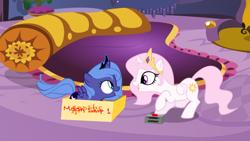 Size: 960x540 | Tagged: safe, artist:pluckyninja, artist:tamalesyatole, imported from derpibooru, princess celestia, princess luna, alicorn, pony, box, button, celestias room, cewestia, eye contact, female, filly, filly celestia, filly luna, open mouth, smiling, to the moon, woona, younger