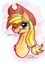 Size: 1239x1751 | Tagged: safe, artist:digitaldomain123, imported from derpibooru, applejack, blushing, bust, colored, female, solo, traditional art