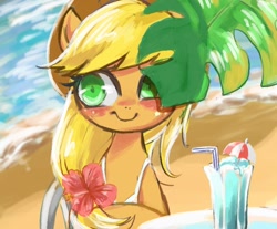 Size: 800x661 | Tagged: dead source, safe, artist:semi-kon, artist:susu, imported from derpibooru, applejack, earth pony, pony, beach, drink, drinking straw, female, hibiscus, looking at you, palm leaf, solo, straw, water