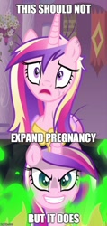 Size: 490x1026 | Tagged: safe, edit, edited screencap, imported from derpibooru, screencap, princess cadance, a canterlot wedding, cropped, decadence, evil, evil grin, expand dong, exploitable meme, female, forced meme, green fire, image macro, meme, messy mane, no this does not expand dong, solo