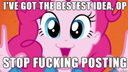 Size: 610x343 | Tagged: safe, edit, imported from derpibooru, screencap, pinkie pie, equestria girls, equestria girls (movie), :3, cute, helping twilight win the crown, image macro, it's time to stop posting, jazz hands, meme, op, pinkie's catface, reaction image, vulgar