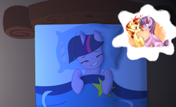 Size: 3087x1876 | Tagged: safe, edit, edited edit, imported from derpibooru, sunset shimmer, twilight sparkle, alicorn, pony, unicorn, dream, female, horns are touching, lesbian, shipping, sleeping, sunsetsparkle, twilight sparkle (alicorn)