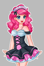 Size: 700x1041 | Tagged: dead source, safe, artist:racoonsan, imported from derpibooru, pinkie pie, human, adorasexy, bare shoulders, breasts, cleavage, clothes, cute, diapinkes, dress, female, gray background, humanized, looking at you, maid, maid headdress, open mouth, sexy, simple background, smiling, smiling at you, solo