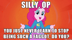 Size: 610x343 | Tagged: safe, imported from derpibooru, pinkie pie, equestria girls, equestria girls (movie), helping twilight win the crown, image macro, meme, op, op is a faggot, pinkie's catface, reaction image, shrug, vulgar