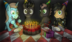 Size: 2540x1490 | Tagged: safe, artist:koshakevich, artist:setharu, artist:thestive19, imported from derpibooru, oc, oc only, oc:judge, oc:set, oc:tinker trivia, earth pony, pony, unicorn, birthday cake, cake, candle, food, grin, happy birthday, hat, heterochromia, looking at you, male, party hat, plate, silverware, smiling, stallion, table