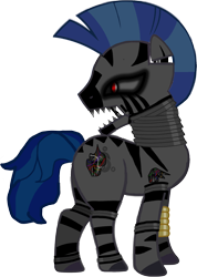Size: 1368x1919 | Tagged: safe, artist:elderdragon118, imported from derpibooru, oc, oc only, oc:loyal, robot, zebra, animatronic, damaged, five nights at freddy's, red eyes, simple background, solo, white background, wires