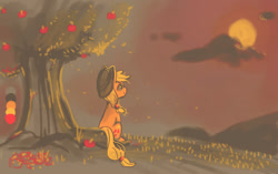 Size: 784x493 | Tagged: safe, artist:staticdragon1, imported from derpibooru, applejack, apple, female, limited palette, sitting, solo, sunset, tree, under the tree