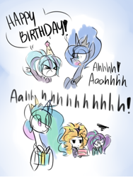 Size: 1500x2000 | Tagged: safe, artist:jankrys00, imported from derpibooru, adagio dazzle, aria blaze, princess celestia, princess luna, sonata dusk, alicorn, pony, ask sunshine and moonbeams, equestria girls, rainbow rocks, birthday, comic, the dazzlings