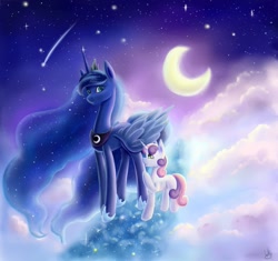 Size: 1209x1137 | Tagged: safe, artist:wingykora, imported from derpibooru, princess luna, sweetie belle, alicorn, pony, unicorn, crescent moon, dream walker luna, dreamscape, duo, female, filly, foal, mare, moon, stars