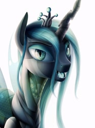 Size: 944x1259 | Tagged: safe, artist:michellka, imported from derpibooru, queen chrysalis, changeling, changeling queen, crown, detailed, fangs, female, jewelry, open mouth, regalia, solo, transparent wings, wings, wip