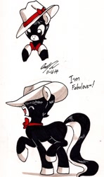 Size: 1019x1719 | Tagged: safe, artist:newyorkx3, imported from derpibooru, oc, oc only, oc:tommy junior, bowtie, fedora, hat, simple background, solo, son, traditional art