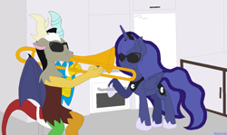 Size: 1159x690 | Tagged: safe, artist:thelunarmage, imported from derpibooru, discord, princess luna, kitchen, musical instrument, oven, sunglasses, swag, trombone, vine video, when mama isn't home