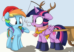 Size: 900x636 | Tagged: dead source, safe, artist:mistydash, imported from derpibooru, rainbow dash, twilight sparkle, alicorn, pony, reindeer, antlers, bells, boots, cart, clothes, duo, eating, female, floppy ears, hat, holly, holly mistaken for mistletoe, horses doing horse things, mare, nom, nose wrinkle, santa hat, scarf, this will end in tears and/or death, twilight sparkle (alicorn)