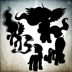 Size: 1500x1497 | Tagged: safe, artist:dutchgirl626, artist:rosieu, imported from derpibooru, princess cadance, princess celestia, princess luna, twilight sparkle, alicorn, pony, alicorn tetrarchy, armor, female, mare, silhouette, twilight sparkle (alicorn)