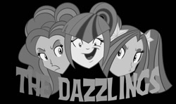 Size: 1024x605 | Tagged: safe, artist:mofetafrombrooklyn, color edit, imported from derpibooru, adagio dazzle, aria blaze, sonata dusk, equestria girls, black and white, black background, grayscale, monochrome, simple background, the dazzlings, the three stooges, trio